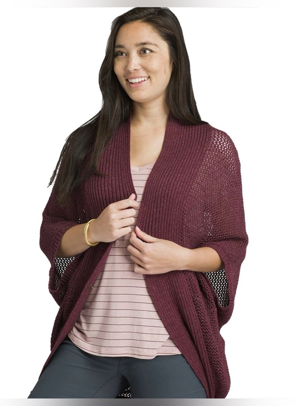 Prana Maroon Open-Front Knit Poncho Cardigan